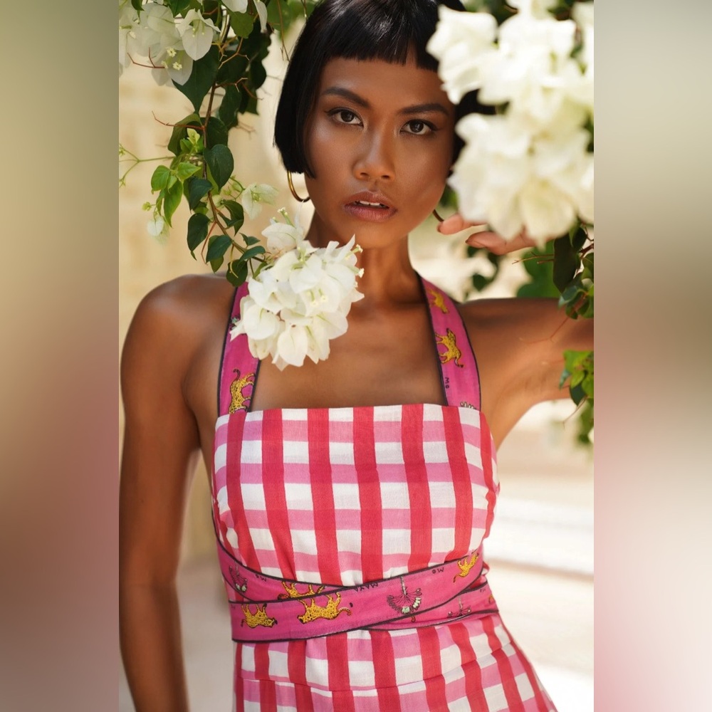 NWT Mo Maya Runa Gingham Check and Leopard Strap Print Maxi Dress Sz XS - Picture 4 of 16
